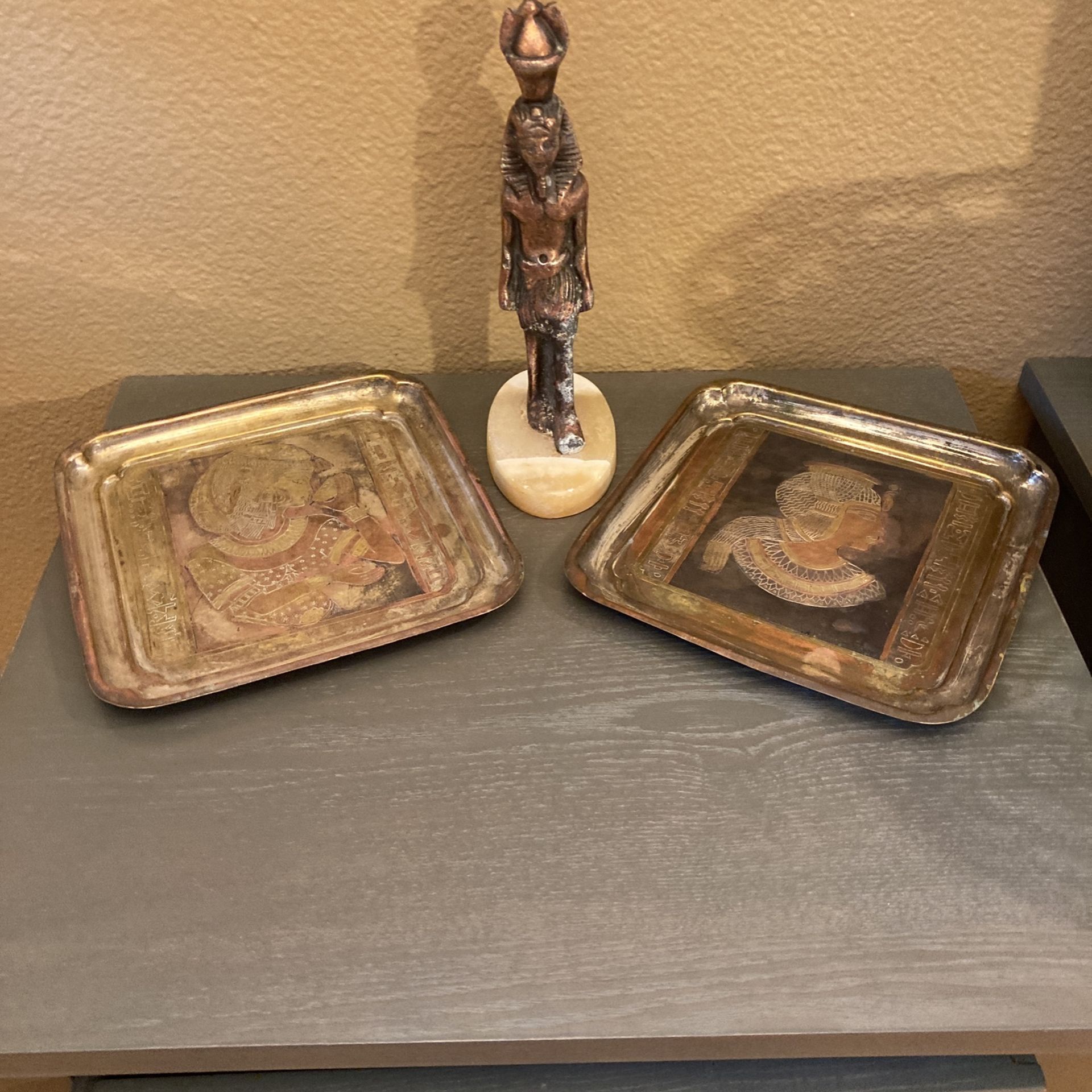 2art Deco Egyptian Revival Decor Trays And Bronze Statue With Marble Base