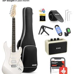 Donner Electric Guitar, DST-152 39" Electric Guitar Starter Kit HSS Pickup Coil Split, with Amp, Bag, Accessories, Polar White