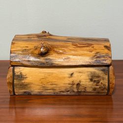 Vintage Burl Craft Solid Log Wood Jewelry Treasure Box Chest