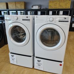 $1523 LG Washer+ Gas Dryer Stackable Combo w/ Pedestals, Open Box, Fully Tested, One Year Warranty