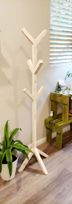 🌱6 Hooks Solid Wood Coat/Hat/Bag Rack Stand ::: 65"H X 20"W X 20"D ::: Distressed White