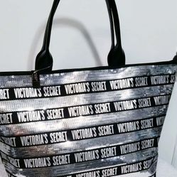 NEW VICTORIA'S SECRET SILVER BLING SEQUIN VS LOGO XL LARGE DUFFEL BAG TOTE PURSE SATCHEL TRAVEL CARRY ON