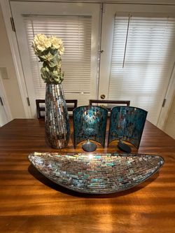 Mosaic Glass Decorative Set – Vase, Bowl & Candle Holdersblue