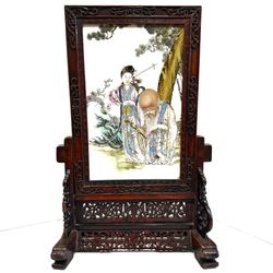 Chinese porcelain plaque mounted on a carved wooden table screen (2’ x 1’)