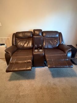 Brown Leather Reclining Loveseat w/ Console + Matching Recliner – Pick Up Only