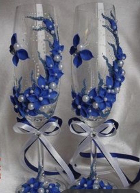 Decorated champagne and wine glasses for wedding or home decor custom made on order