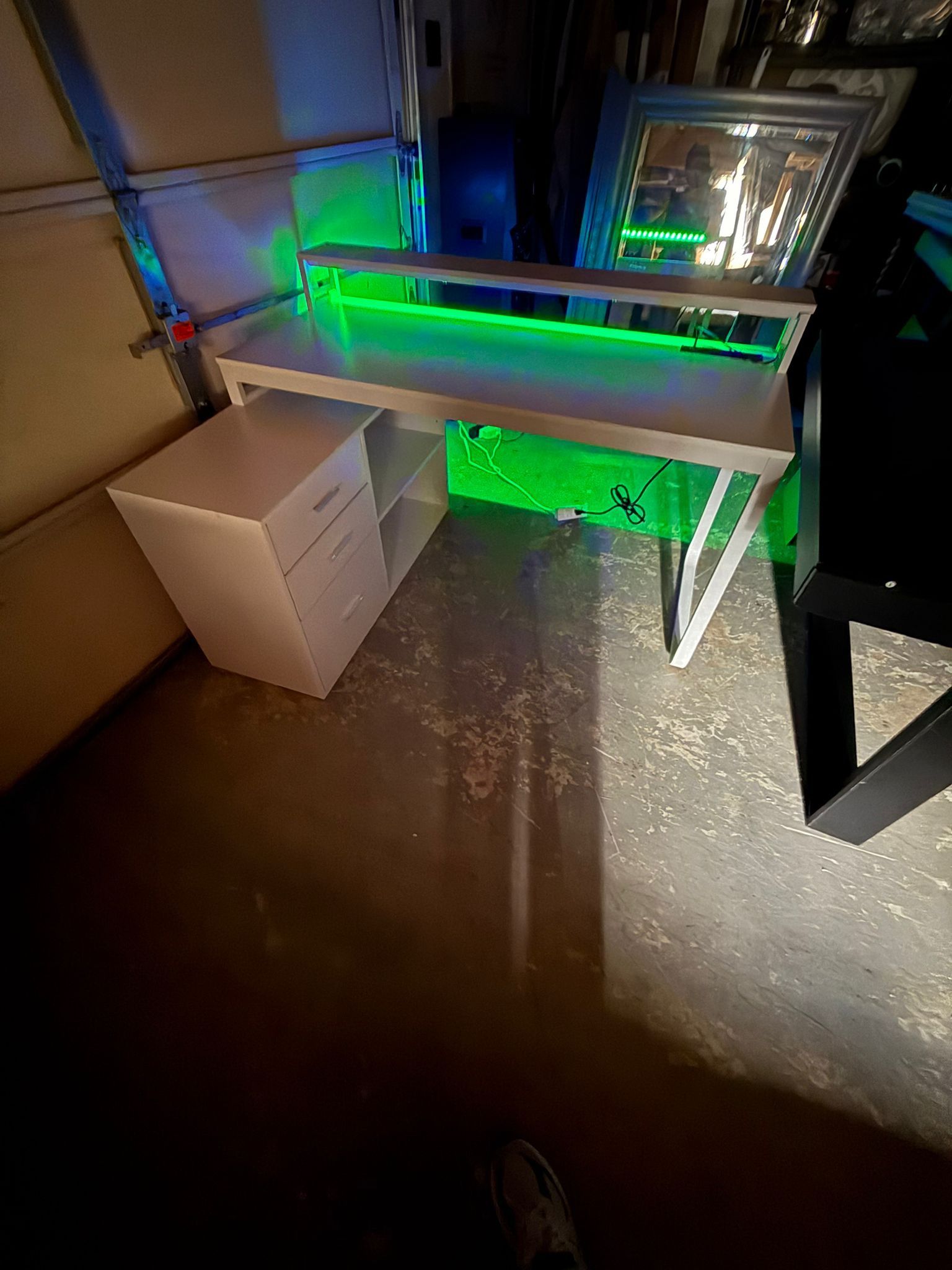 55'' L-Shape Computer Desk With LED Lights, Power Outlets & Drawer Shelves