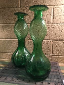 Vintage decorative glassware - 2 Green bottles, used as Candleholders
