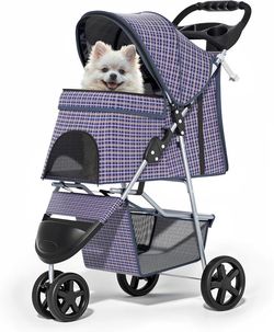 3 Wheels Pet Dog Cat Stroller for Small Medium Dogs Cats, Lightweight Foldable Jogger Stroller w/Storage Basket and Cup Holder, Plaid