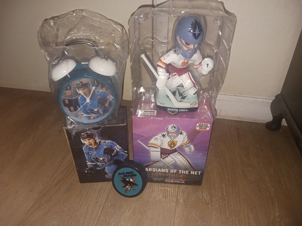 Sharks Clock Boble Head And Vintage Puck