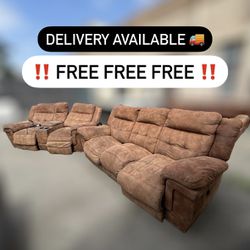 FREE Brown Suede Electric Recliner Sectional Sofa Couch Set - DELIVERY AVAILABLE 🚚