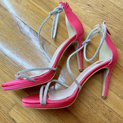 Stunning Hot Pink Satin High Heel Pumps with Sparkling Straps,