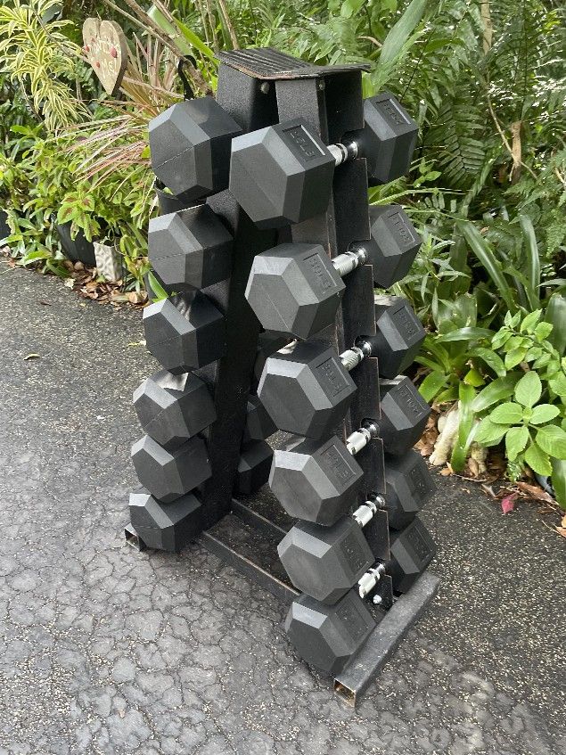SET OF NEW RUBBER HEX DUMBBELLS (PAIRS OF) : 25s 30s 35s 40s 45s 50s & PYRAMID SPACE SAVING HEAVY RACK