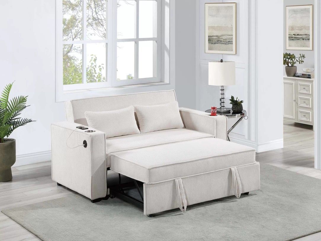 Brand New Beige Corduroy Convertible Sofa Sleeper 