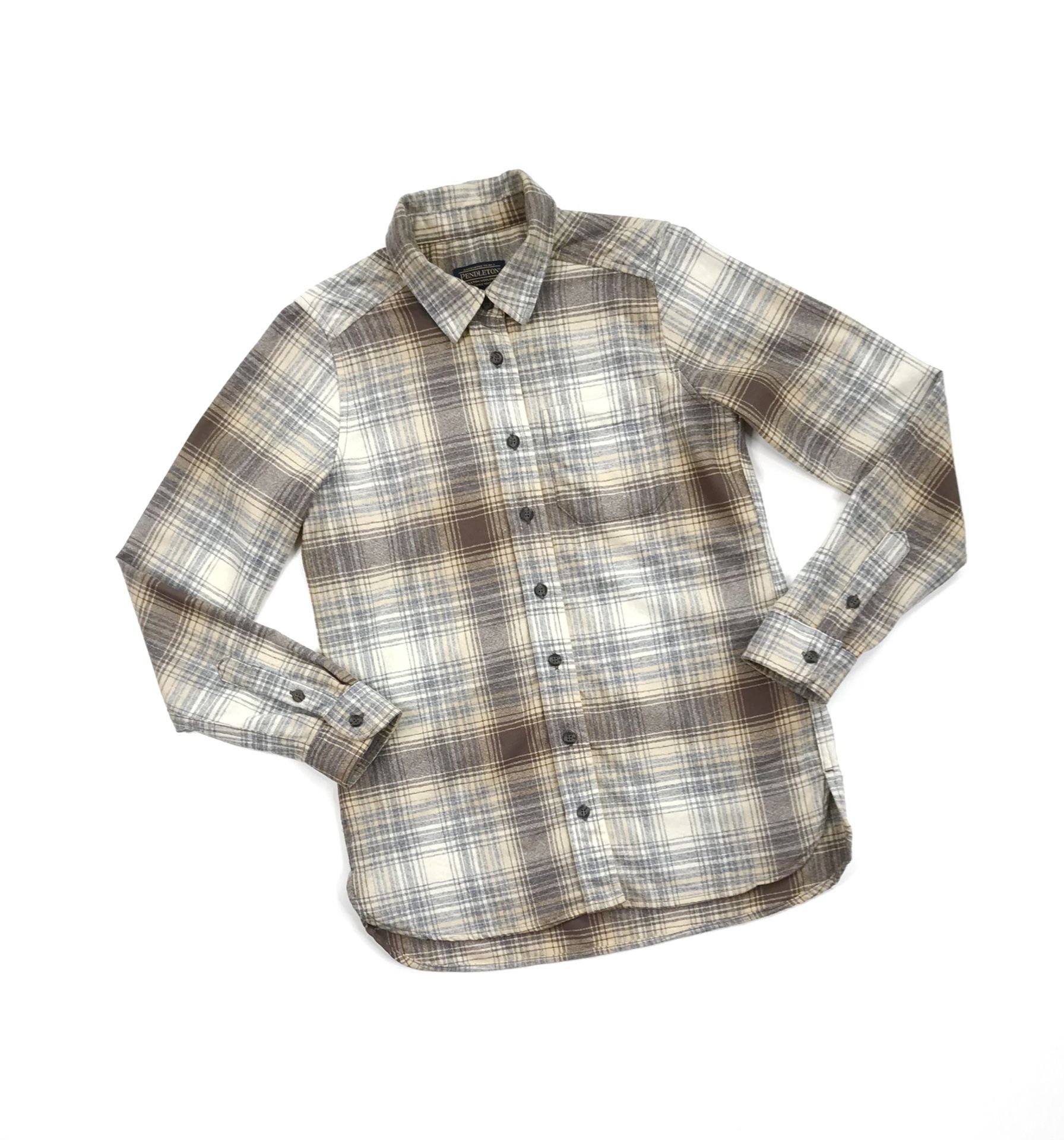 PENDLETON BUTTON UP SHIRT XS X SMALL MENS BEIGE FLANNEL PLAID WOOL LONG SLEEVE