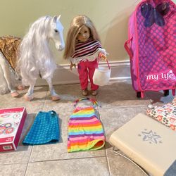 AUTHENTIC American Girl Doll PLUS horse + pink carry out , extra clothes and more!