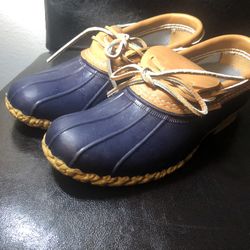 L.L. Bean Boots Womens Blue Tan Bottoms Duck Boot Gum Sole Rain Boots Size 9N