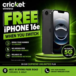 Free iPhone 16e When You Switch# Cricketwireless # 4831 W Irving Park Road Chicago IL 60641#