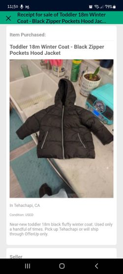 Toddler 18 Month Winter Coat - Black Zipper Pocket Hood