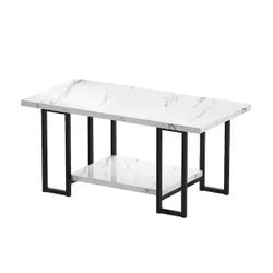 39 in. White Rectangle Faux Marble Coffee Table with Steel Frame