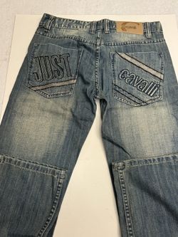 Just Cavalli Mens Jeans 32x31 Blue Washed Embroidered Pockets Made in Italy