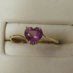 14k Yellow Gold Amethyst Heart Ring Size 6.5
