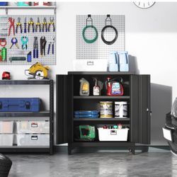 Garage Cabinet, Metal Storage Cabinet with Doors and Shelves, for Home Office, Garage and Utility Room, Black UOMC013B01