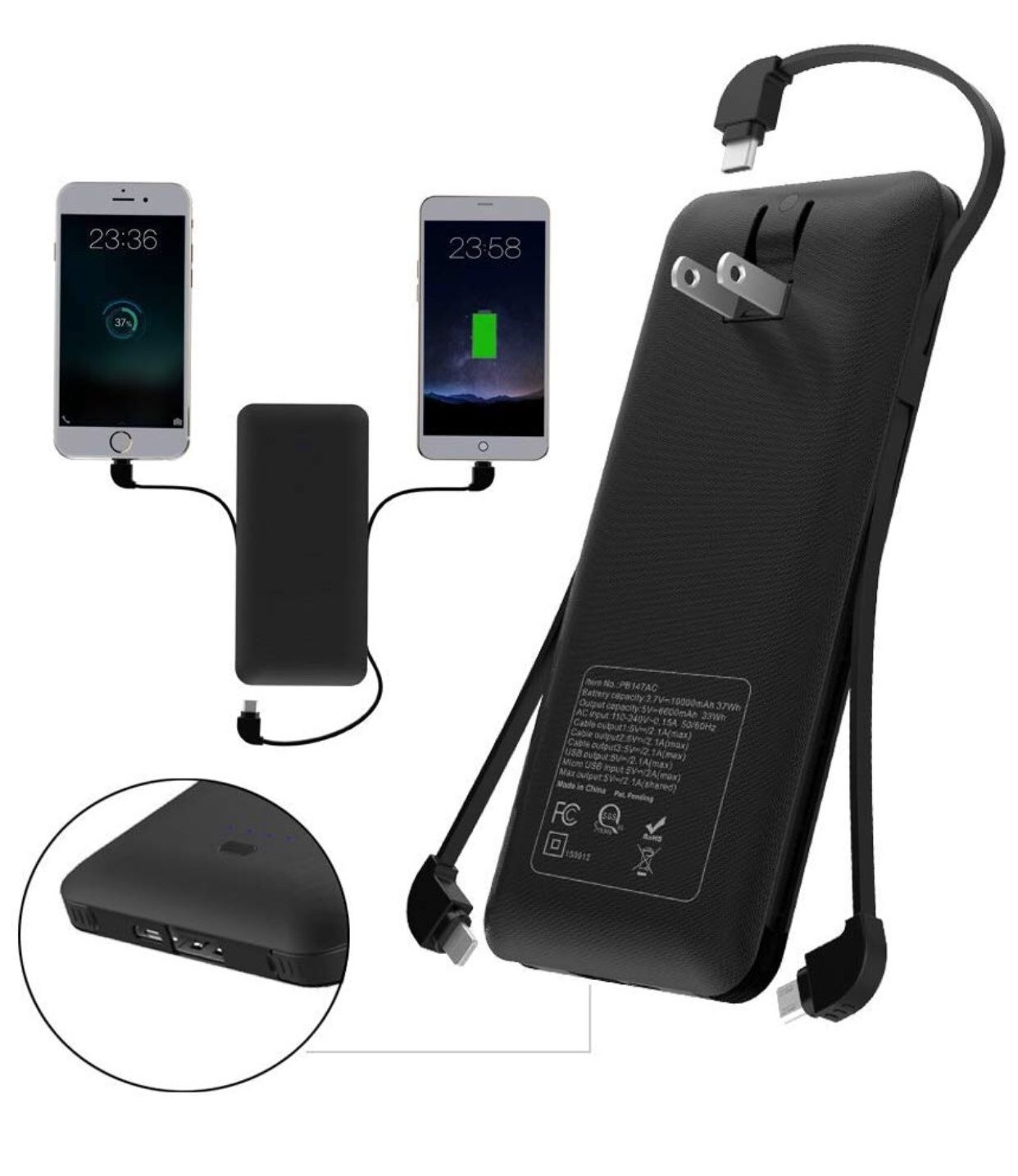 WOBON Portable Charger 10000mAh Compact Power Bank External Battery Pack Ultra Slim and Light Battery Charger with Built-in AC Plug and Micro USB Typ