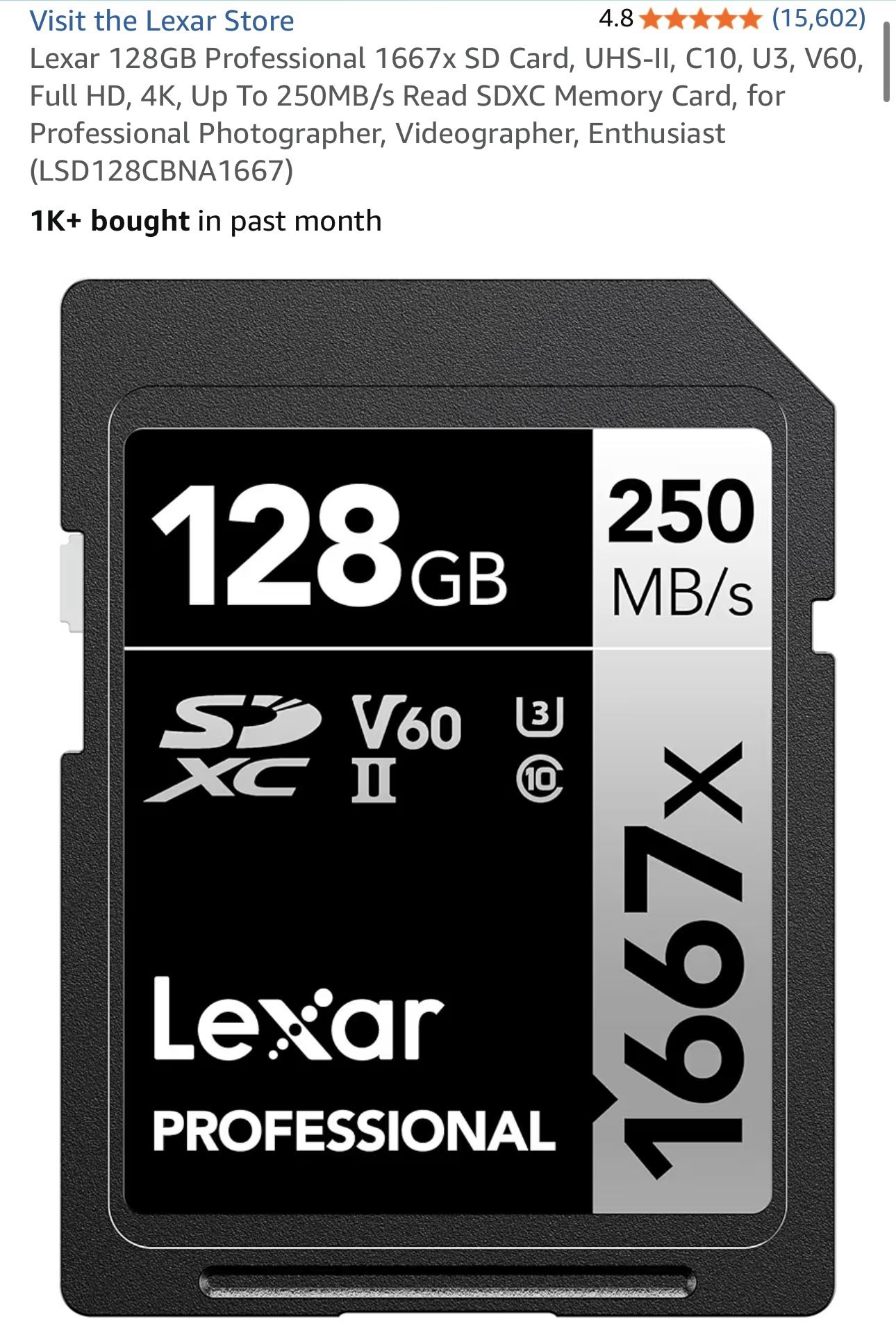 Lexar 128GB Professional 1667x SD Card, UHS-II, C10, U3, V60, Full HD, 4K, Up To 250MB/s Read SDXC Memory Card