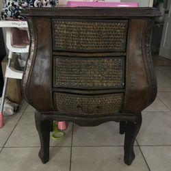 Vintage Dark Wood And Wicker Bombay Style Nightstand