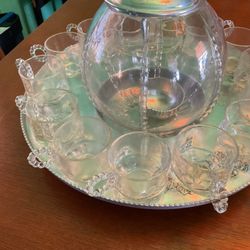 Vintage Punch Bowl With Lid, Ladle And Tray Plus 14 Glass Cups
