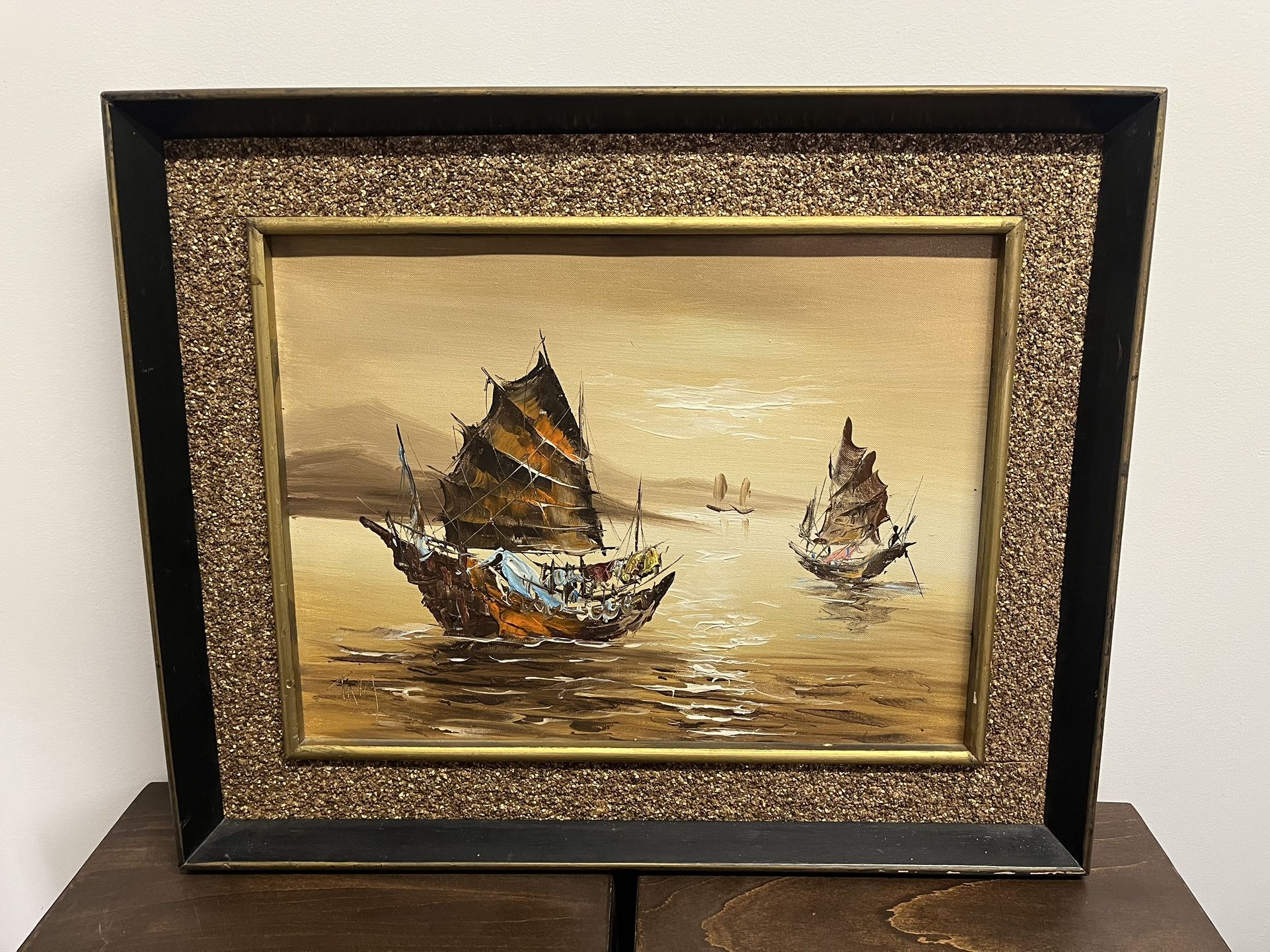 Mid-Century Vintage oil painting of Chinese junk boats