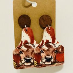 NEW Western Cowgirl Boho Cow Theme Faux Leather Wooden Post Dangle Earrings