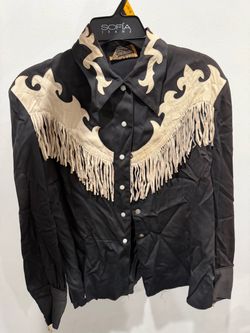 Vtg 1940s 1950s Ranch Maid WesternFringe Shirt Black/Cream Gabardine Cowgirl Blouse10
