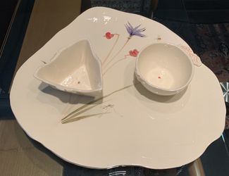 Serving Platter With Two Attached Dip Bowls . Hand Crafted And Paintef