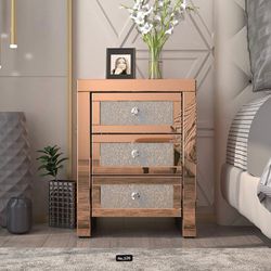 3 Drawers Mirror Accent Side Table Golden Finished Nightstand for Living Room/Bedroom 13.5"D × 17.5"W x 23.5"H (Crystal Golden)