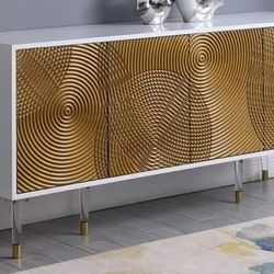 ART DECO WHITE FINISH SIDEBOARD CREDENZA MEDIA CONSOLE CABINET DECORATIVE GOLD PLATED PANELS - GABETA