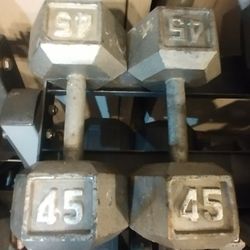 PAIR OF  45  POUND  HEX  STEEL  DUMBBELLS 