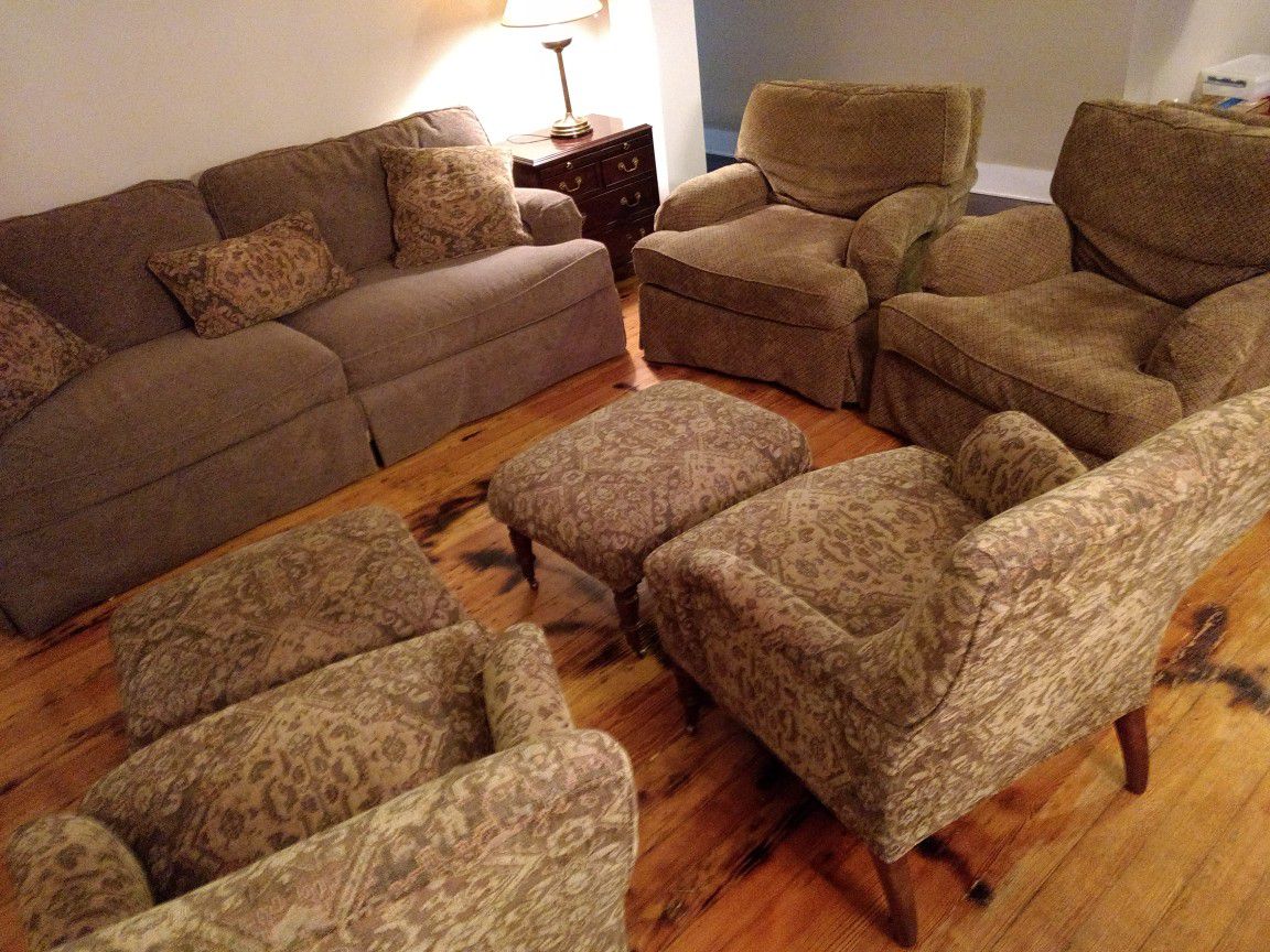 Couch, 2 large chairs, and chair/ottoman living room set