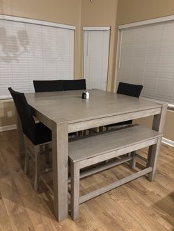 Gray Wood Dining Table Set with Chairs and Bench