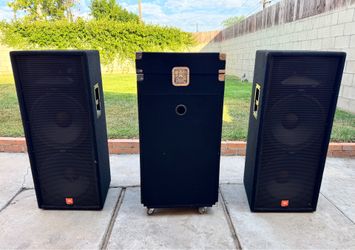 JBL SF25 Dual 15” PA Speakers + QSC PLX1602 Amp, Rack & Cables