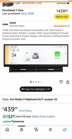 10.88 inch hud cluster tesla m3 highland / MY juniper