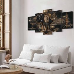 Canvas Wall Art – Africa Lion & Map, 80x40 in, 5pcs (New)