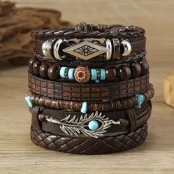 6 pcs Turquoise Beaded Cowboy Bracelet] 6 pcs Bohemian Vintage Western Cowboy Turquoise Beaded Bracelet Set, Multilayer Woven Faux Leather Bangle with