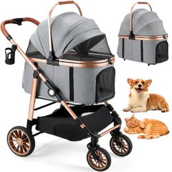 4-wheel Stable Pet Stroller For Medium Dogs/ Cats (55lbs Max) -3-in-1 Convertible Design With Removable Carrier & One-click Folding Mechanism