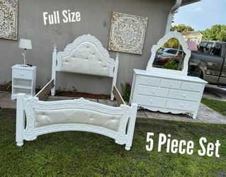 5 Piece Full Size Girls Satin White Princess Bedroom Set