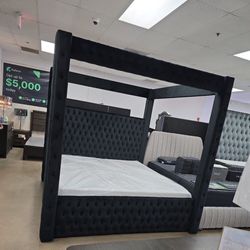 Queen Black Velvet Canopy Bed Frame 