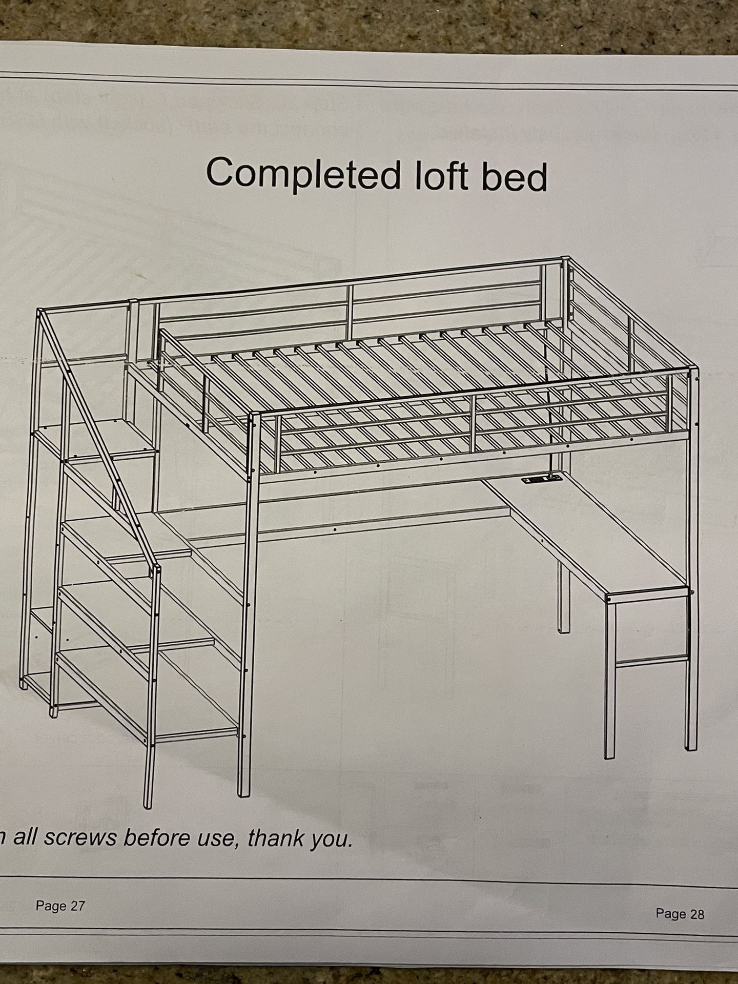 Queen Size Loft Bed Fram with L-Shaped Desk