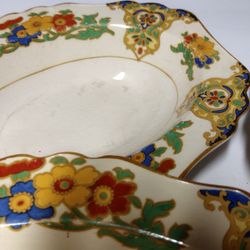 Vintage Colorful Bowls With Floral Decoration Yellow Blue Red 