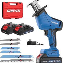 NANWEI Cordless Reciprocating Saw, 20V Brushless Motor 3500RPM Variable Speed, 2×2.0Ah Batteries, To